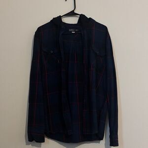 Caliville Plaid Button Up Hooded Shirt Jacket Flannel Black Navy Red Stripe Sz M